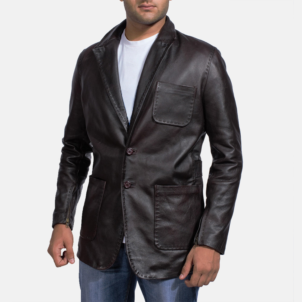 Men's Wine Negro Blazer de Cuero de Cuero para Hombre in Dark Brown Cow Hide Leather - Vista frontal y silueta a medida | Comprar online