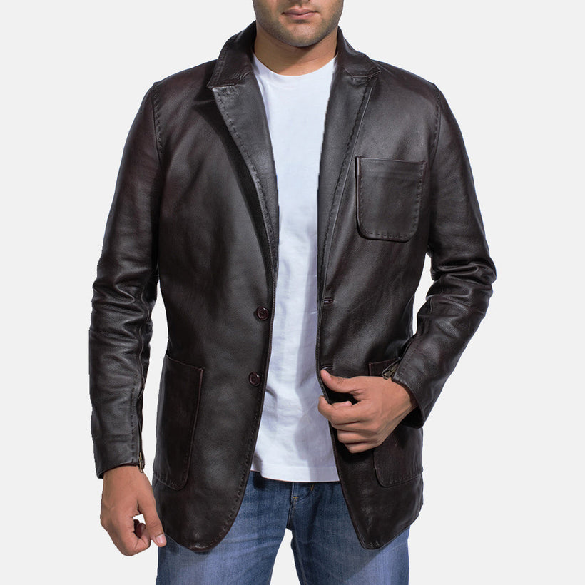 Wine Negro Blazer de Cuero de Cuero para Hombre