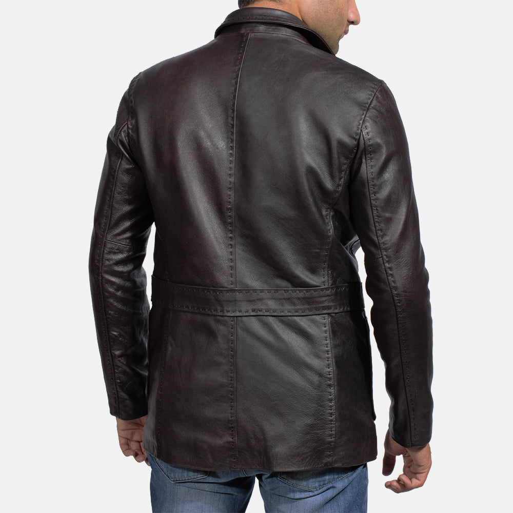 Men's Wine Negro Blazer de Cuero de Cuero para Hombre - Vista de perfil lateral con corte ergonómico de manga