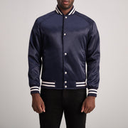 Xander Azul Varsity Chaqueta de Cuero para Hombre in Blue Satin - Vista frontal y silueta a medida | Comprar online