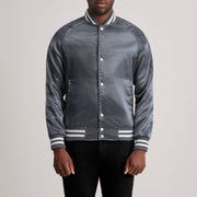 Xander Gris Varsity Chaqueta de Cuero para Hombre in Grey Satin - Vista frontal y silueta a medida | Comprar online