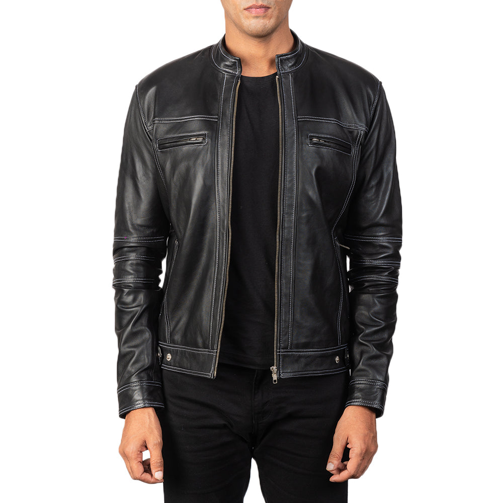 Youngster Distressed Black Leather Jacket in Black Goatskin Snuffed - Vista frontal y silueta a medida | Comprar online