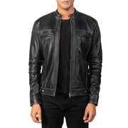 Youngster Distressed Black Leather Jacket in Black Goatskin Snuffed - Vista frontal y silueta a medida | Comprar online