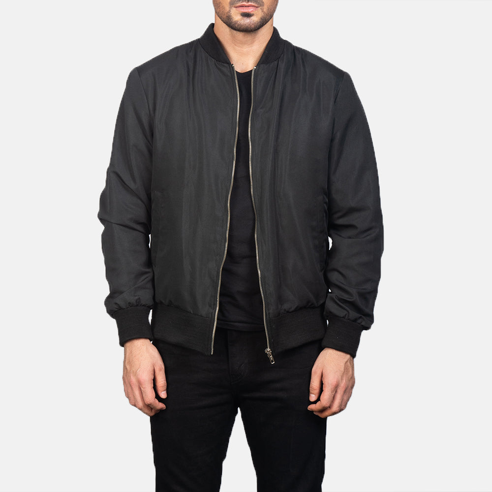 Men's Zack Negro Cazadora Bomber de Cuero para Hombre in Black Polyester - Vista frontal y silueta a medida | Comprar online