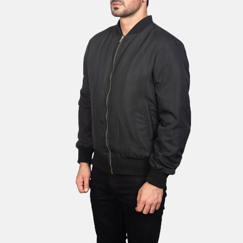 Black Polyester Bomber Jacket - Back View Showing Tailored Shoulder Fit & Clean Hemline