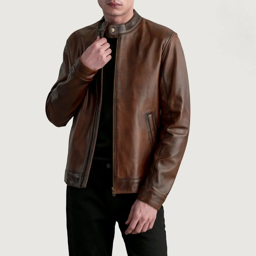 Zen Marrón Envejecido Chaqueta Biker de Cuero para Hombre