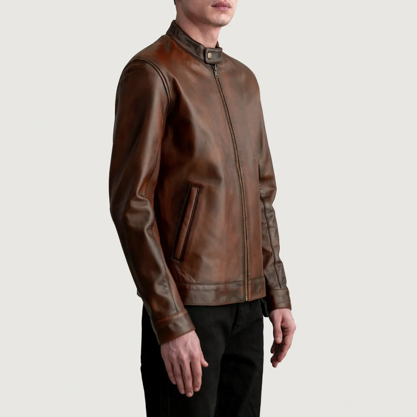 Zen Marrón Envejecido Chaqueta Biker de Cuero para Hombre