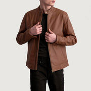 Zen Matte Marrón Chaqueta Biker de Cuero para Hombre in Matte Brown Cowhide Leather - Vista frontal y silueta a medida | Comprar online