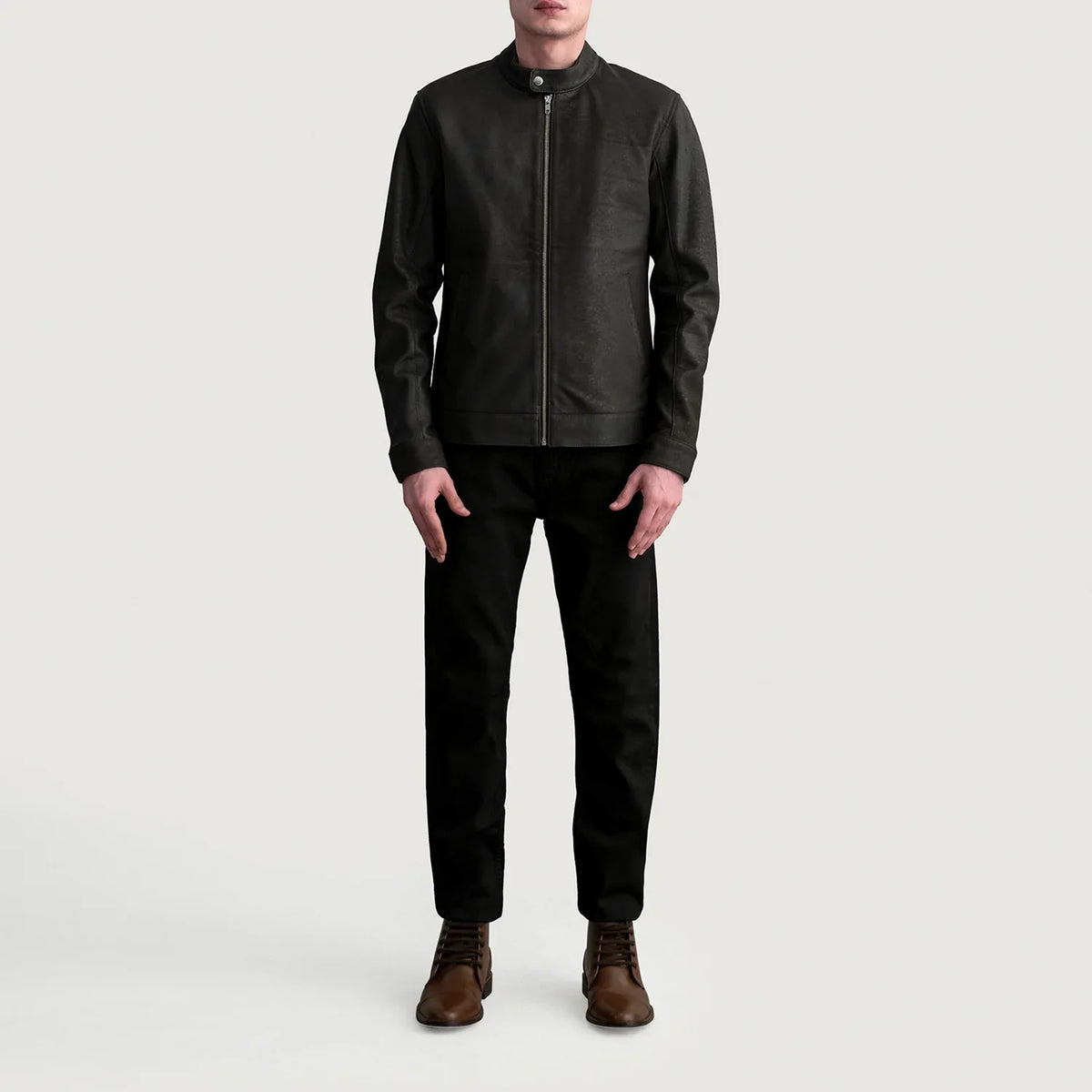 
Vista de detalle of Snap Button & Zipper Hardware on Zen Tumbled Marrón Chaqueta Biker de Cuero para Hombre