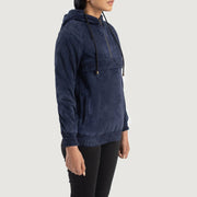 
Blue Sheepskin suede Jacket - Vista posterior con hombros definidos y bajo impecable