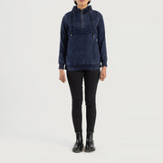 
Zest Blue Hooded Suede Pullover Jacket - Vista lateral mostrando el corte ergonómico de mangas